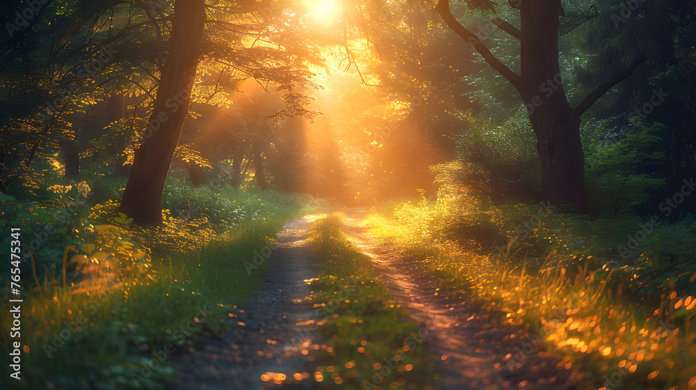 Obraz premium A dirt road surrounded by trees and grass with the sun shining through the trees.