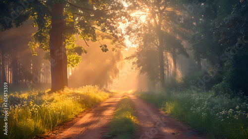 A dirt road surrounded by trees and grass with the sun shining through the trees. © wing