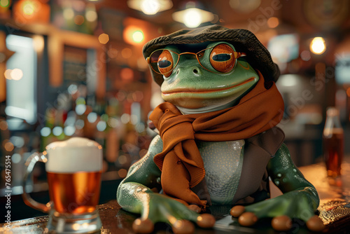 A frog wearing glasses and a scarf sits at a bar with a glass of beer. The scene is set in a bar with a cozy atmosphere. a hipster frog drinking beer in a bar