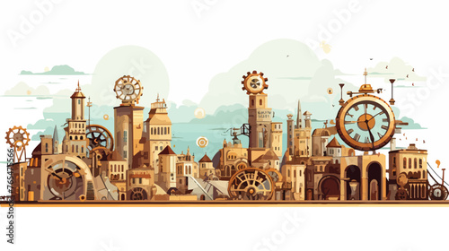 A steampunk cityscape with elaborate machinery photo