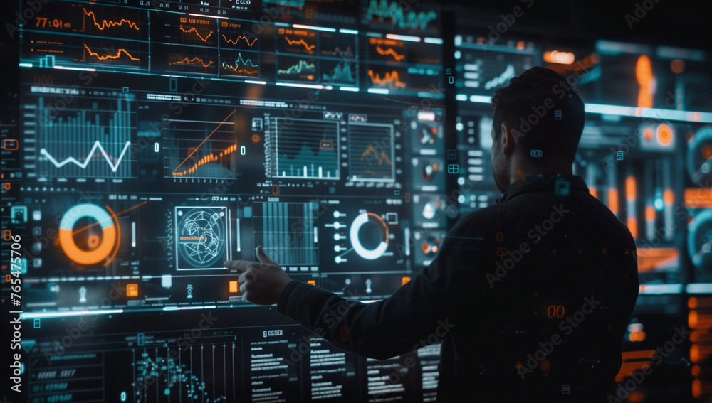 A man using a virtual screen with digital marketing data and graphs of business growth charts in the style of a businessman for online market technology or sales A man using a virtual screen with digital marketing data and graphs of business growth charts in the style of a businessman for online market technology or sales