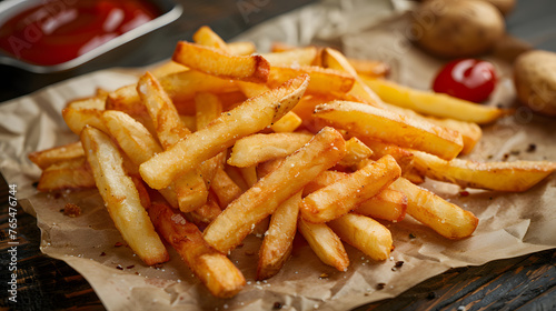 A wooden table with a parchment paper lined basket of french fries and a bowl of ketchup.