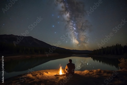 Man sitting near campfire and looking at the milky way at night © ASGraphicsB24
