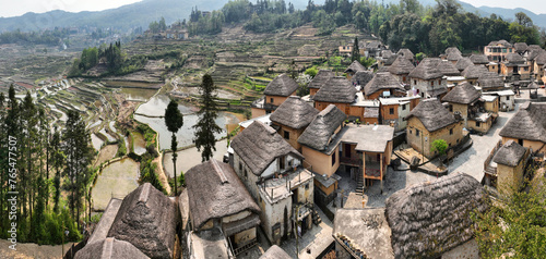 Close up view of rice terraces and village in China, Unesco World Heritage Site