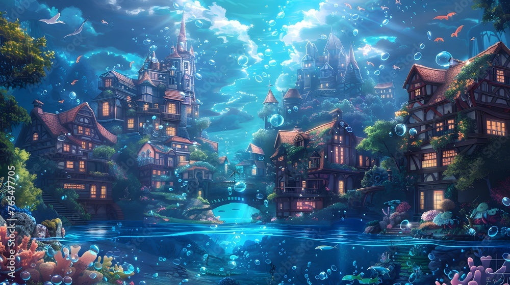 Twilight descends on an enchanted underwater village, where charming houses nestle among coral gardens and bubbles float towards the surface. - obrazy, fototapety, plakaty 