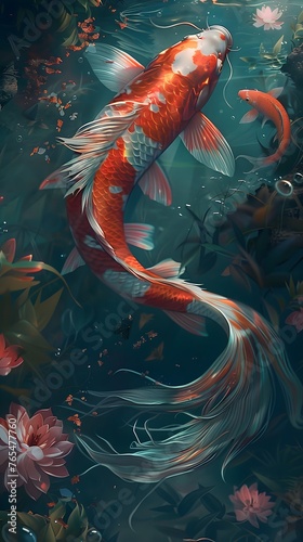 The tranquil pond is adorned by the graceful presence of a radiant koi fish, its scales glistening like jewels as it swims elegantly in the sunlit, clear waters.