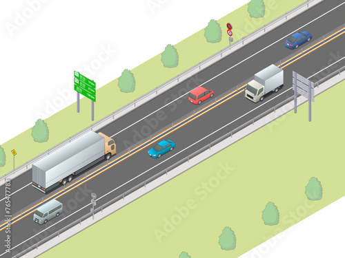 アイソメトリック図法で描いたワイヤーロープ防護柵で分離された対面通行の高速道路イメージ / Japanese two-lane expressway. Isometric illustration