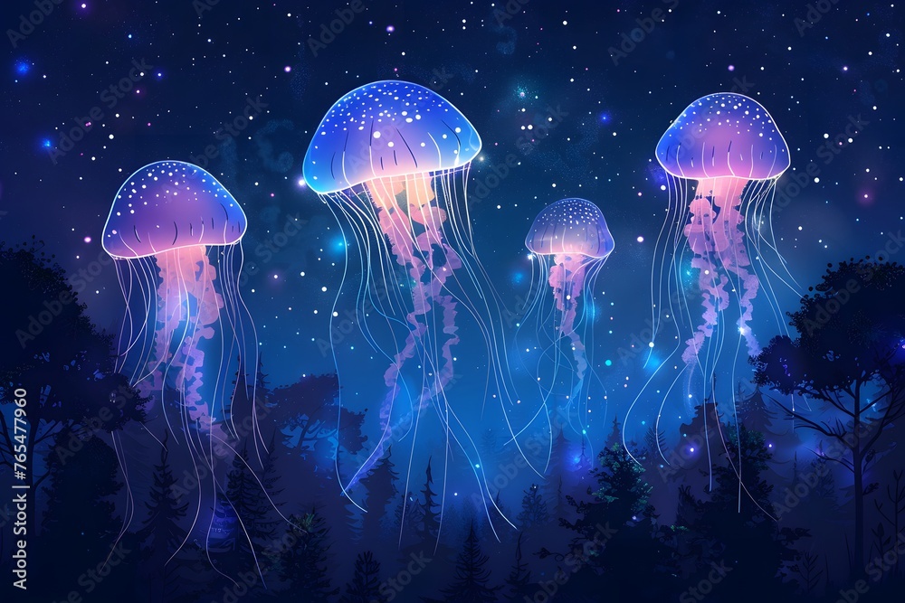 Suspended mid-air against a backdrop of a deep star-filled night sky and a silhouetted forest, vibrant, glowing jellyfish are depicted in a fantasy illustration. - obrazy, fototapety, plakaty 