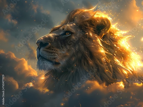 Stunning portrait of a lion with a fiery mane, gazing upward against a cloudy sky backdrop.