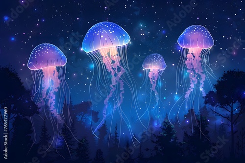 Suspended mid-air against a backdrop of a deep star-filled night sky and a silhouetted forest, vibrant, glowing jellyfish are depicted in a fantasy illustration. © Chomphu