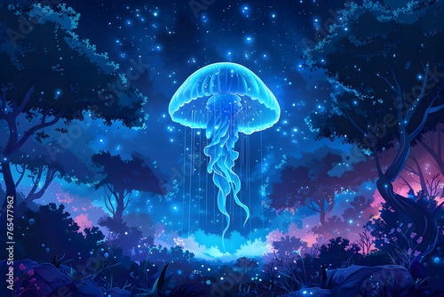 In a fantasy illustration, vibrant, glowing jellyfish are suspended mid-air against a backdrop of a deep star-filled night sky and a silhouetted forest.