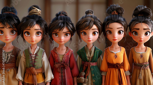 Collection of diverse female animated characters in traditional outfits, showcasing cultural fashion diversity.