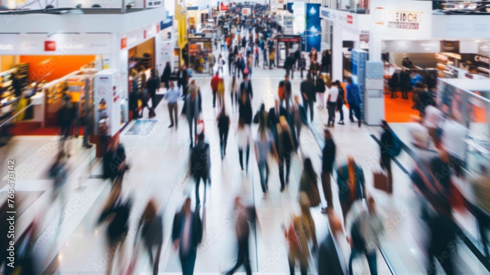 Fototapeta premium Blurred Trade fair show background, exhibition with booths for business, companies and industry to showcase and demonstrate products and services, for people, partners and customers
