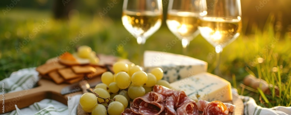 Table with fine wine served outside with cheese ham and grapes. Picnic in the countryside with sunny backlight