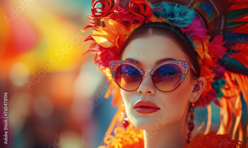 Beautiful girl on carnival with colorful face dress and sunglasses. Beauty model woman with carnival mask at party