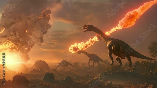 AI-generated dinosaurs in a prehistoric landscape. Global Earth disaster. Perfect for educational materials, scientific publications, and digital art. The concept of dinosaur extinction.