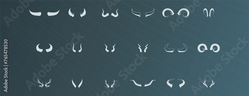 Horn silhouettes. Black pairs of animal antlers different shapes, wildlife hunting trophy elements, horned mammal decoration. Vector isolated set