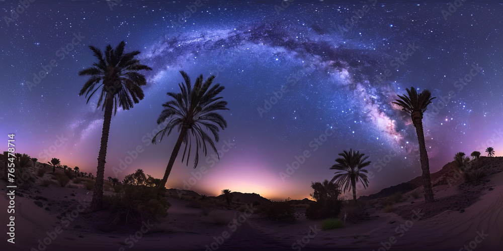 The Milky Way stretches over a night desert landscape, with palm trees enhancing the natural spectacle