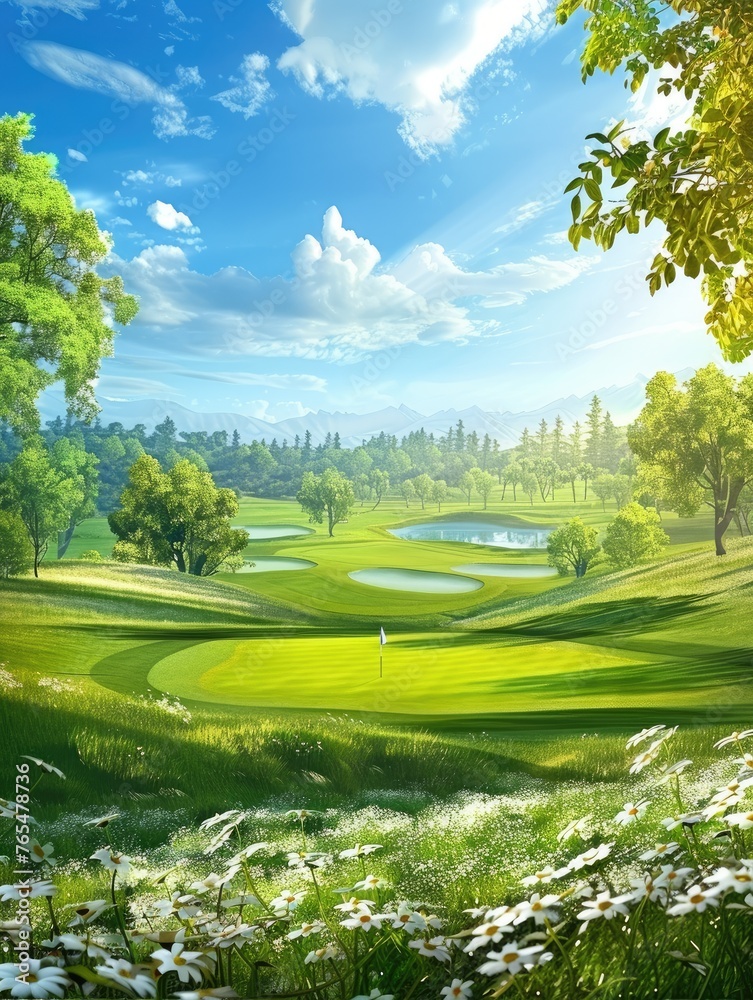Lush golf course with vibrant greenery and flowers - A stunning image of a golf course with vibrant green grass, variety of flowers and a clear blue sky