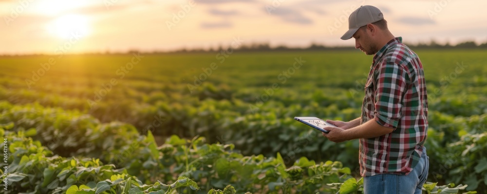 Farmer inspects his plants, agronomist in a field checks quality of harvest