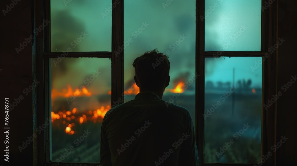Man observing a blaze through a window - The image captures a man's silhouette looking out of a window, witnessing a fierce blaze engulfing trees under an evening sky - obrazy, fototapety, plakaty 