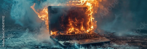 Laptop consumed by fierce flames and smoke - The destructive power of fire is shown as it engulfs a laptop in flames, illustrating disaster and loss