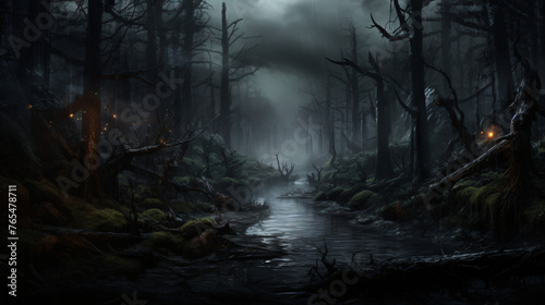 Dark forest panorama fantasy landscape ..