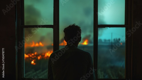 Man observing a blaze through a window - The image captures a man's silhouette looking out of a window, witnessing a fierce blaze engulfing trees under an evening sky