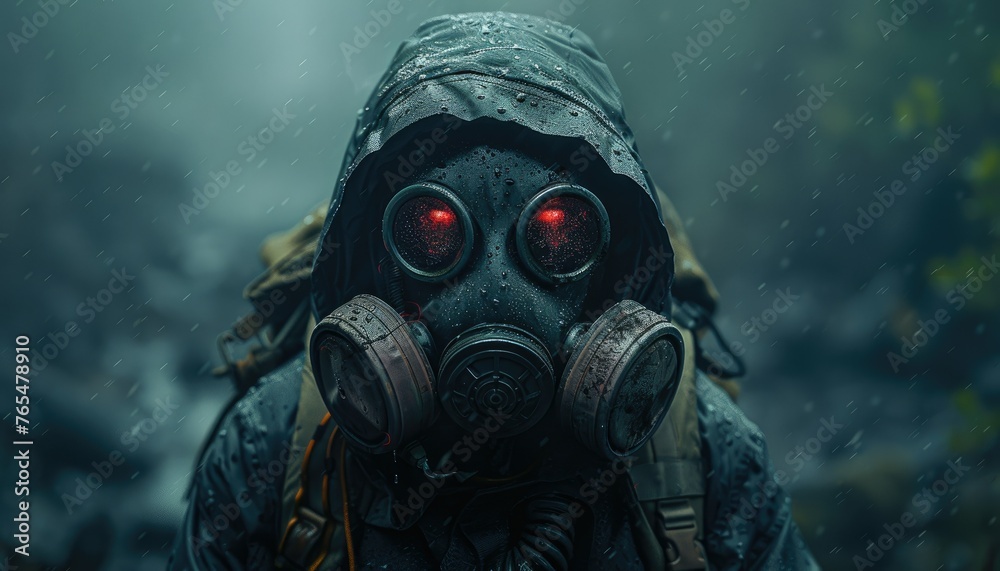 Person wearing gas mask with red glowing eyes - A chilling portrait of an individual in a protective gas mask with eerie red glowing eyes - obrazy, fototapety, plakaty 