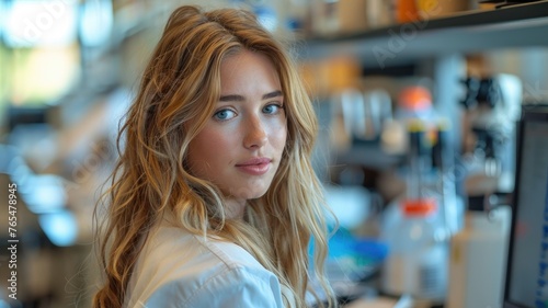 Scientist working in a modern lab - A focused female scientist with blonde hair works in a contemporary laboratory environment
