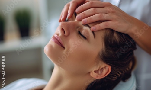 Craniosacral therapist massaging the neck of woman in beauty salon