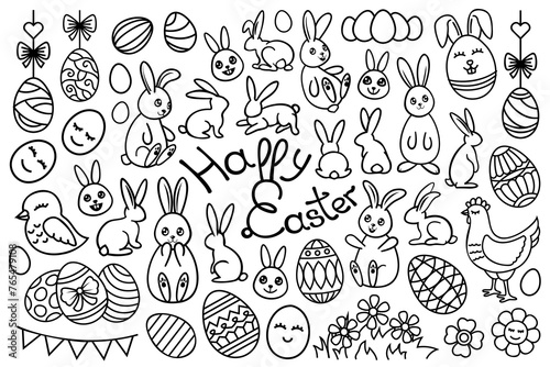 Line art Easter set, collection with bunnies, chickens, eggs contour drawings. Decorative linear vector Easter design elements.