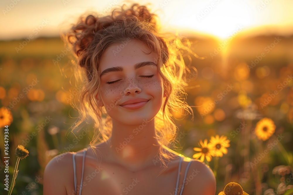 Backlit portrait captures serene woman, eyes closed, savoring a blissful, tranquil moment in sunset-lit fields Backlit portrait captures serene woman, eyes closed, savoring a blissful, tranquil moment in sunset-lit fields