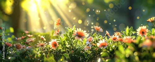 The blooming flowers banner. surrounded by green nature and shining sun. Summer flowers in beautiful nature background