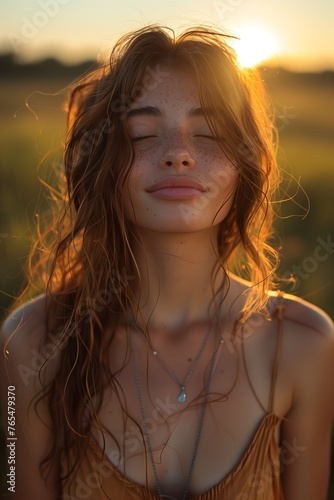 Backlit portrait captures serene woman, eyes closed, savoring a blissful, tranquil moment in sunset-lit fields © yevgeniya131988