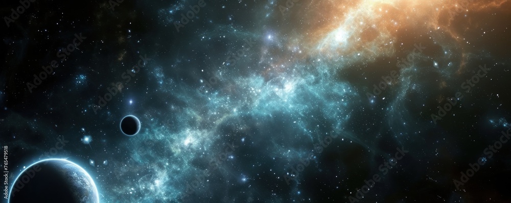 View of planet in space galaxy and stars in bacground. Space astronomy theme