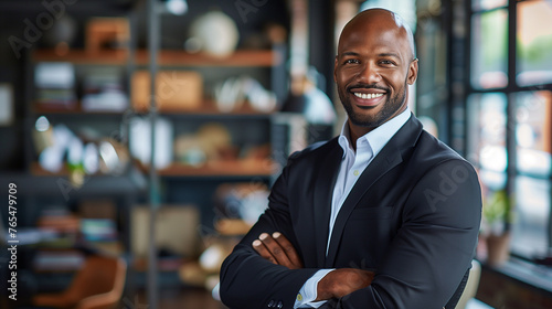 Confident African American businessman smiling in a modern office setting. © Anna