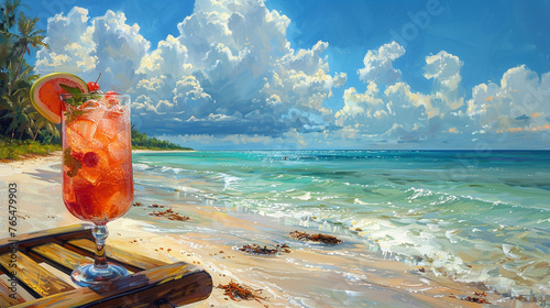 A colorful tropical drink garnished with fruits, placed on the edge of a beach chair overlooking the sparkling sea under the clear blue sky