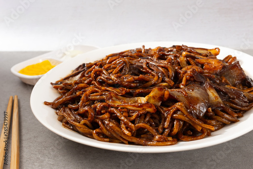 Platter Jjajangmyeon with stir-fried noodles in Jjajang sauce