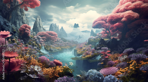 Dreamy surreal fantasy landscape  lush vegetation © Jafger
