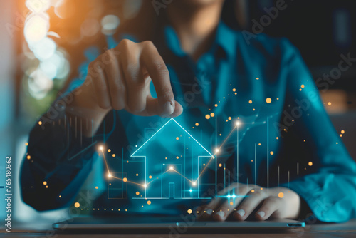 A businessman touches a virtual graph arrow up and house icon with gaincrawler in the style of Real estate definition algebraic realfiber radial financialinkiashionable young businesswoman in a blue s photo