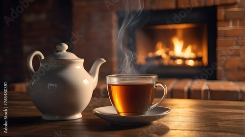 Two cups of steaming hot tea in front of fireplace. The concept of home warmth and comfort. AI generated