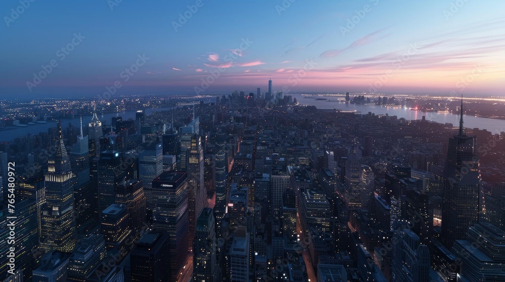 Fototapeta premium Twilight Majesty Aerial Cityscape Glowing with Sunset Reflections and Serene Twilight Sky