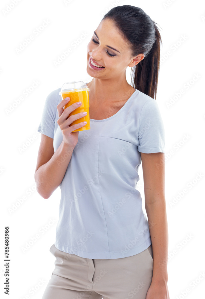 Person, woman and juice in studio for orange, healthy and fresh squeeze for drink and vitamin. Model, nurse and smile with beverage for cold, fruit and refresh for smoothie on white background Person, woman and juice in studio for orange, healthy and fresh squeeze for drink and vitamin. Model, nurse and smile with beverage for cold, fruit and refresh for smoothie on white background