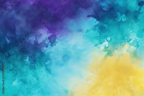 Teal and yellow watercolour splatter background  purple yellow