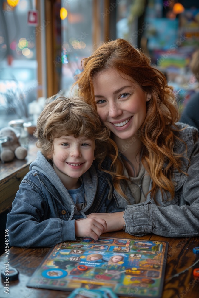 Mother and child bond joyfully at the table, engaging in interactive board game activities Mother and child bond joyfully at the table, engaging in interactive board game activities