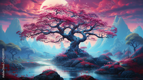 Fantastic landscape with a fantasy tree of desires in photo