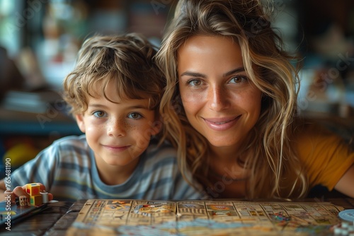 Mother and child bond joyfully at the table, engaging in interactive board game activities
