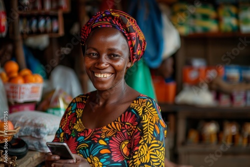 Portrait of smiling african woman using mobile phone in a local market, Generative AI