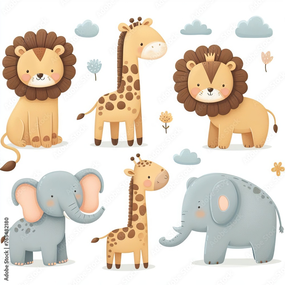 Obraz premium A playful collection of illustrated lions, giraffes, and elephants amidst soft clouds and delicate flowers, perfect for children’s book illustrations or nursery decor.